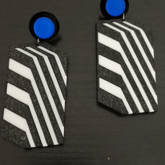 Stripe Drop Dangle Earrings Big Black White Acrylic Earrings - Picture 7 of 10